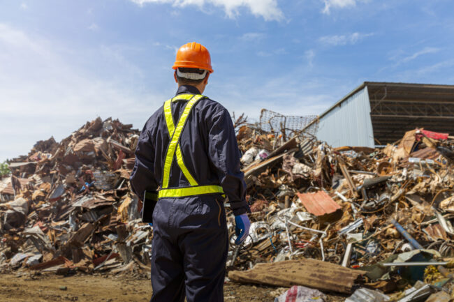 engineer and recycle. engineers standing in recycling center. ba