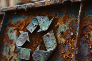 close up of rusty recycle symbol on metal surface